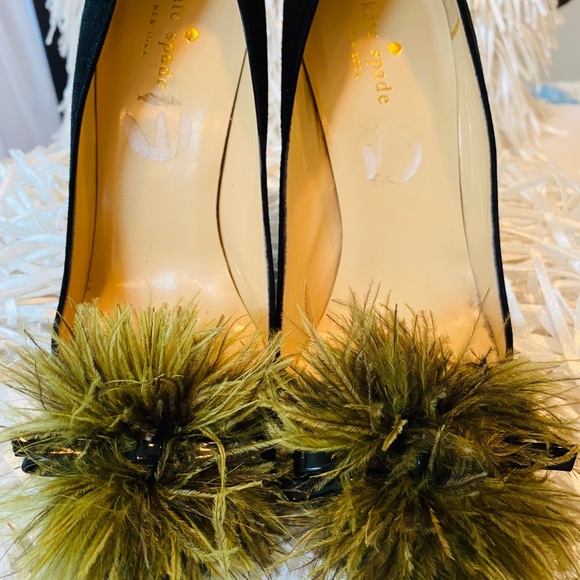 kate spade Shoes - Kate Spade Black Suede Pumps with Green Pom Pom